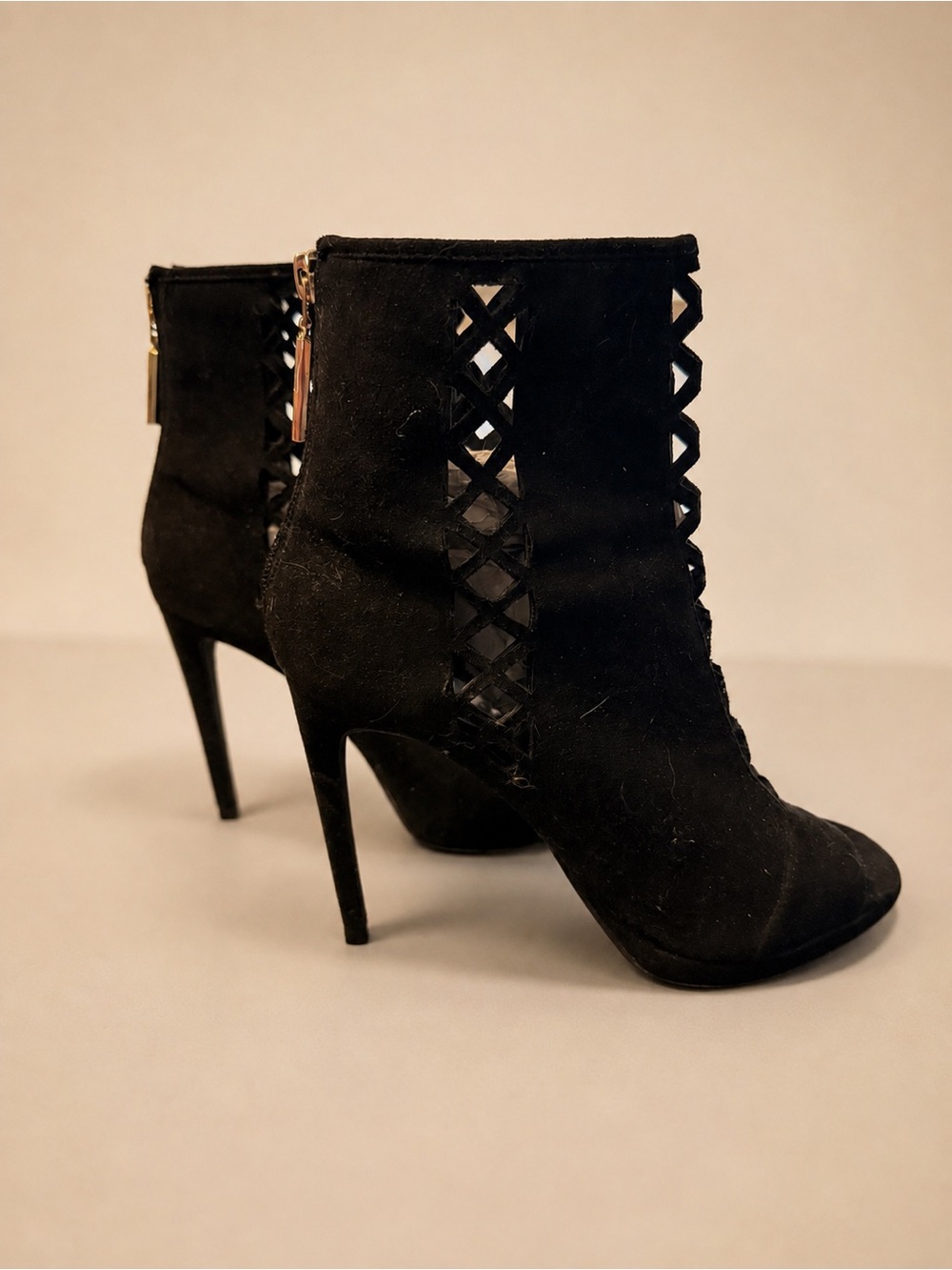 BCBG Black Suede Lattice High-Heel Ankle Boots